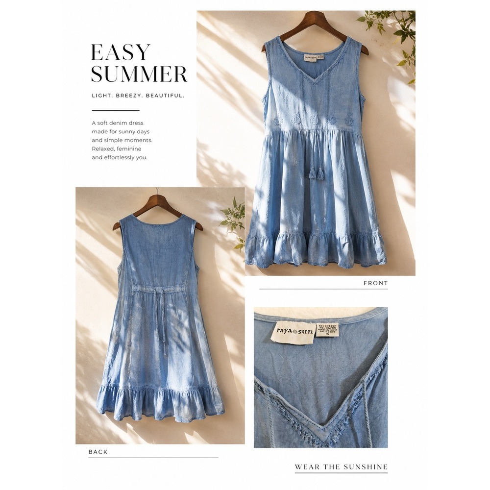 Raya Sun Blue Denim Look Embroidered Boho Mini Dress Sleeveless Small